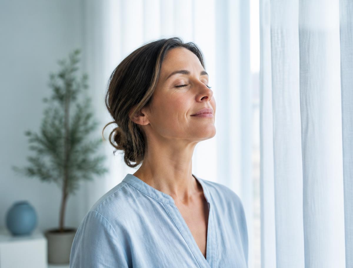 A woman breathing calmly beside a bright window